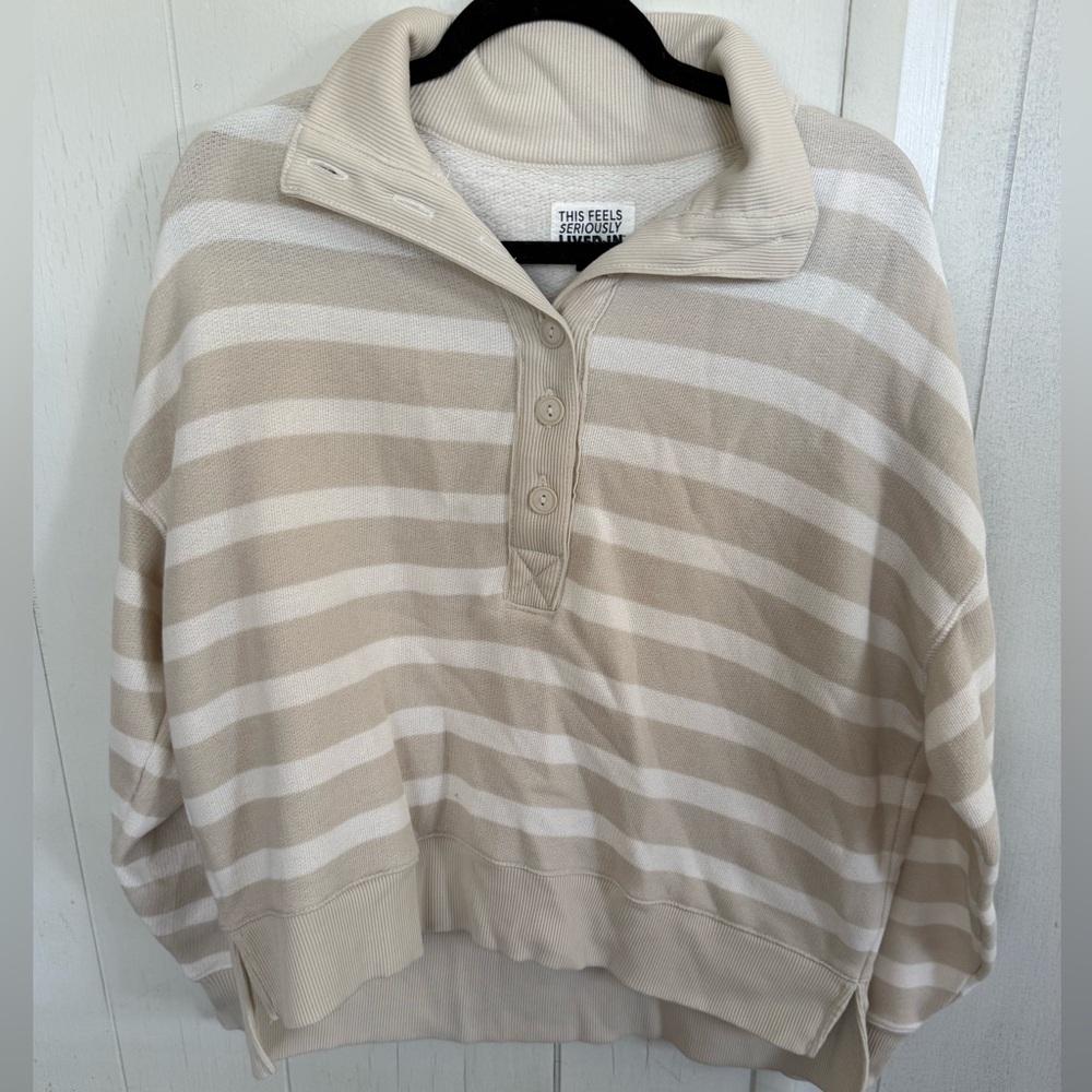 AMERICAN EAGLE CREAM & WHITE STRIPED COLLARED OVERSIZED LONG SLEEVE PULLOVER XS